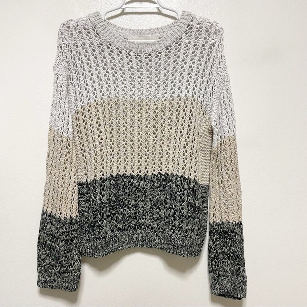 One Grey Day Tan Gray Stripped Bell Sleeve Knitted Sweater